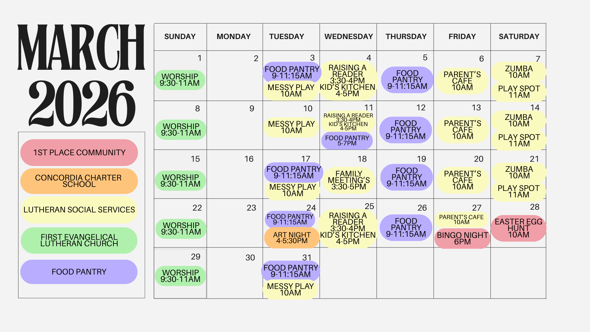Calendar for March 2026 with schedule of community activities, including worship, food pantry, Zumba, family meetings, and others, color-coded by event type.