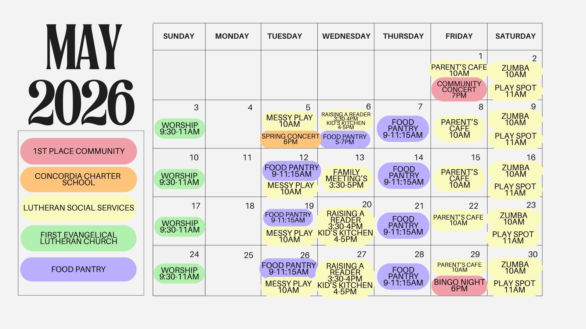Monthly calendar for May 2026 with colored-coded events including worship, food pantry, community concert, Zumba, parent’s cafe, messy play, family meetings, raising a reader, bingo night, and first evangelical Lutheran church activities.
