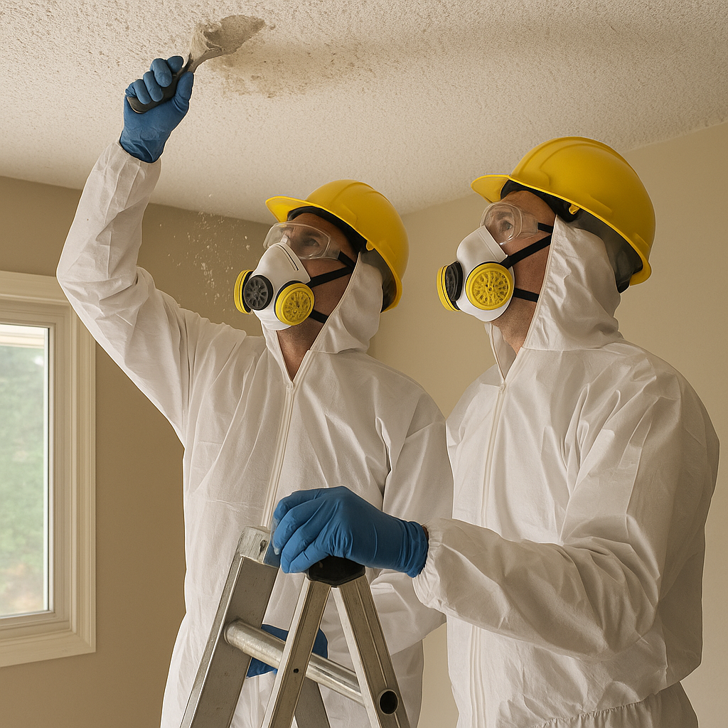 Two professionals wearing yellow safety helmets, white coveralls, blue gloves, and full masks with filters inspecting a ceiling with dust or debris, one using a small trowel to scrape the surface, in a room with beige walls and a window.