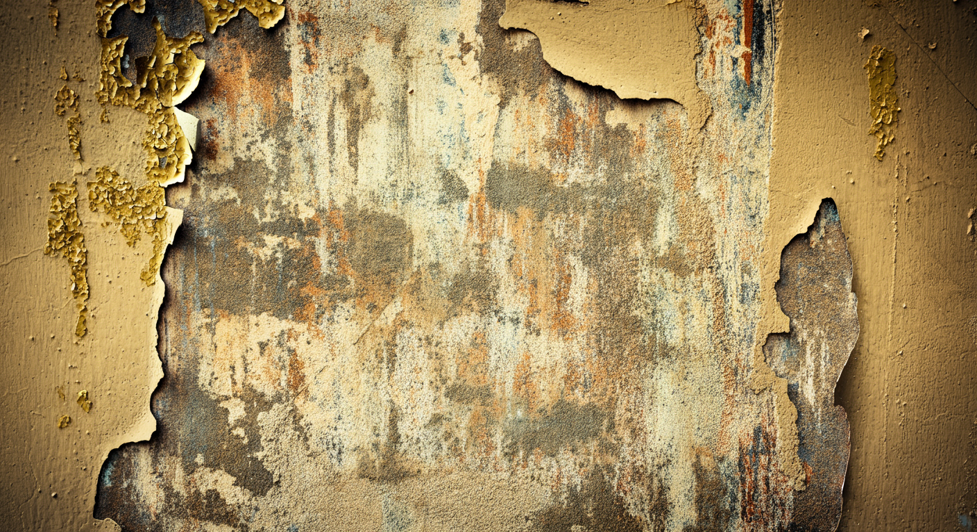 Close-up of a wall with peeling paint and rust, revealing layers of old paint and rust underneath.