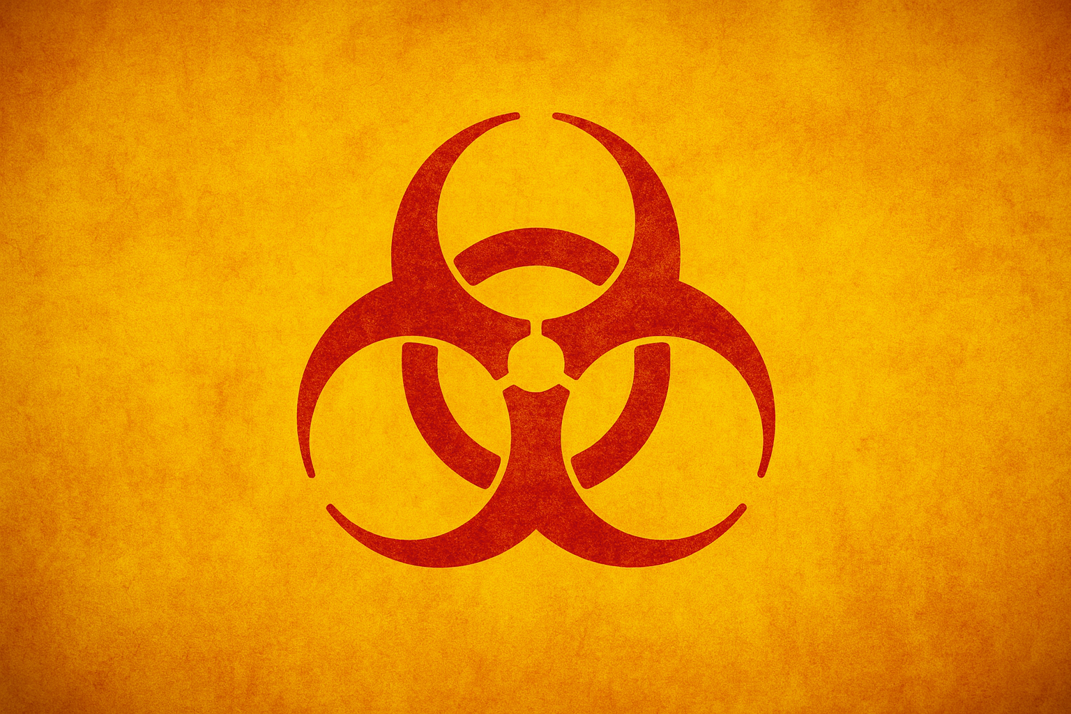 A biohazard symbol in red on an orange textured background.