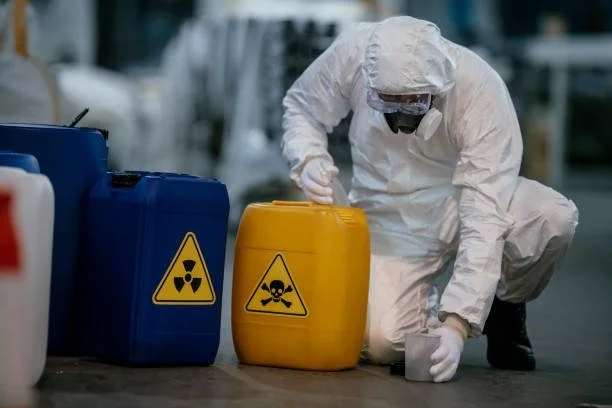 A person in protective hazmat gear handling hazardous waste containers in an industrial setting.
