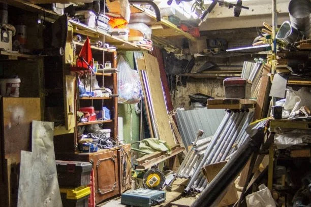 Cluttered workshop with shelves full of tools, supplies, and miscellaneous items, surrounded by pipes, wood, and equipment.