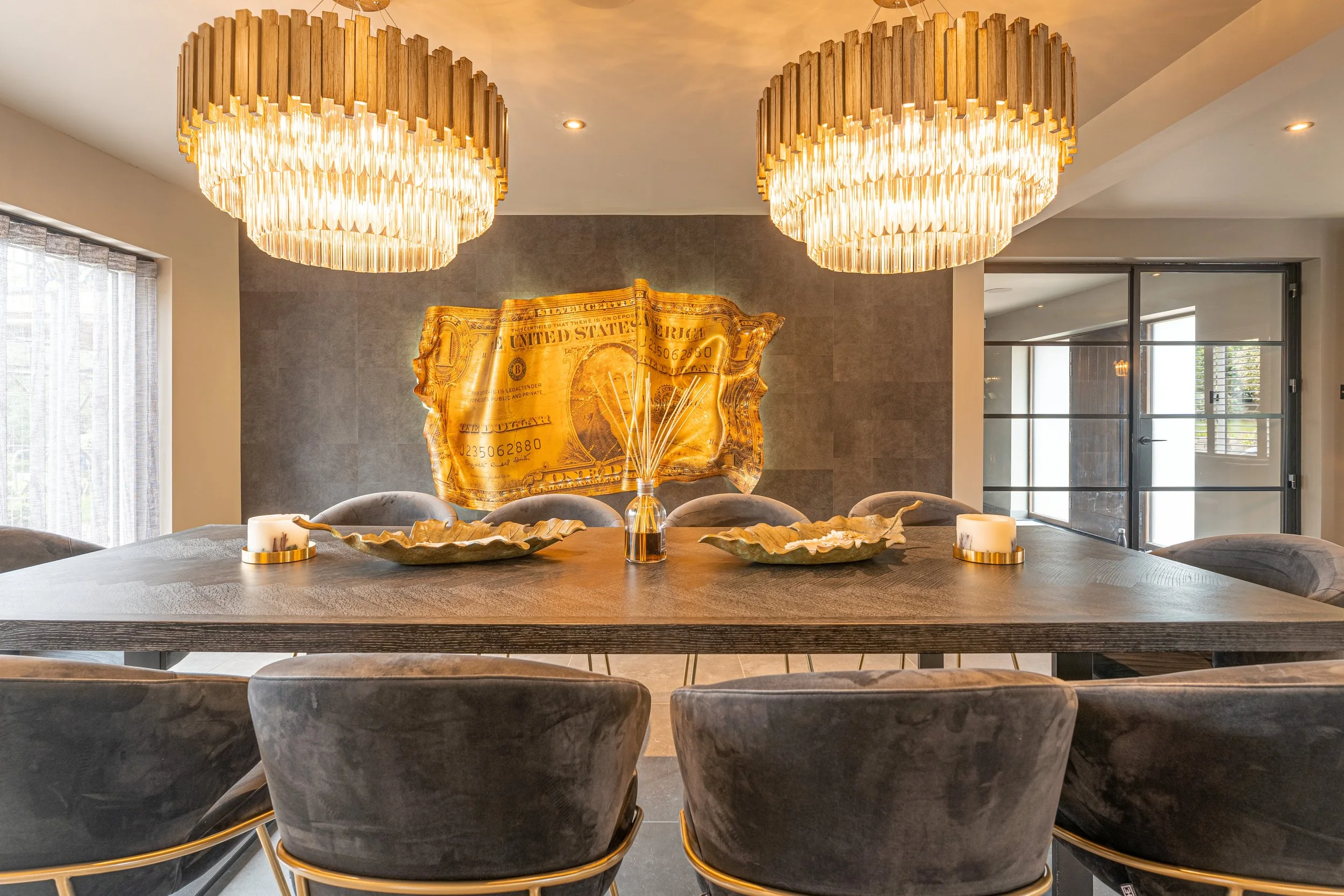 Feature chandelier lighting controlled by smart home lighting system