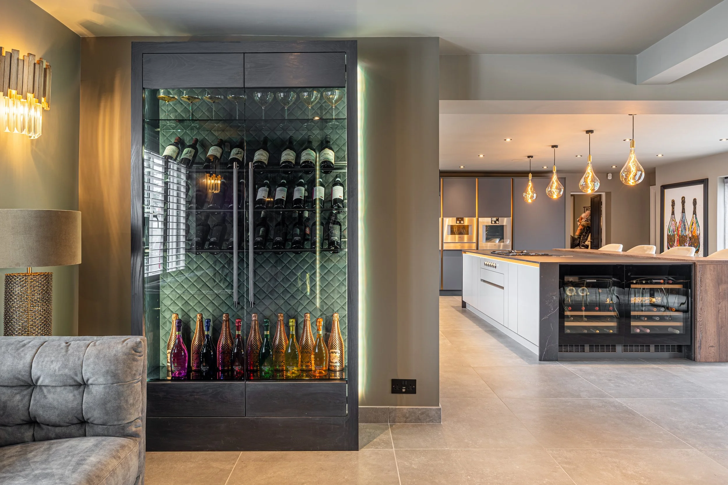 Modern wine display feature wall with integrated smart home lighting control