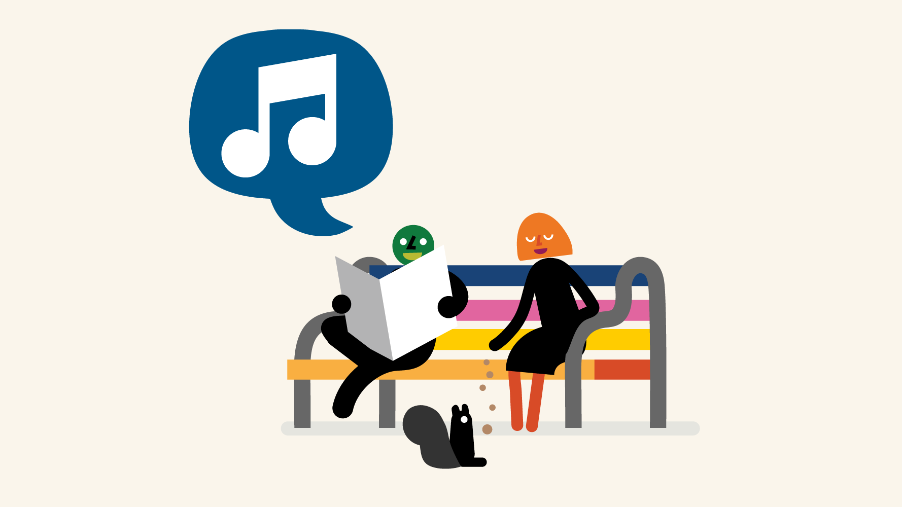 Two abstract characters sitting on a rainbow-colored park bench, reading a book together, with a black cat at their feet. One character has green skin, the other has orange skin. A large speech bubble with musical notes comes from the book.