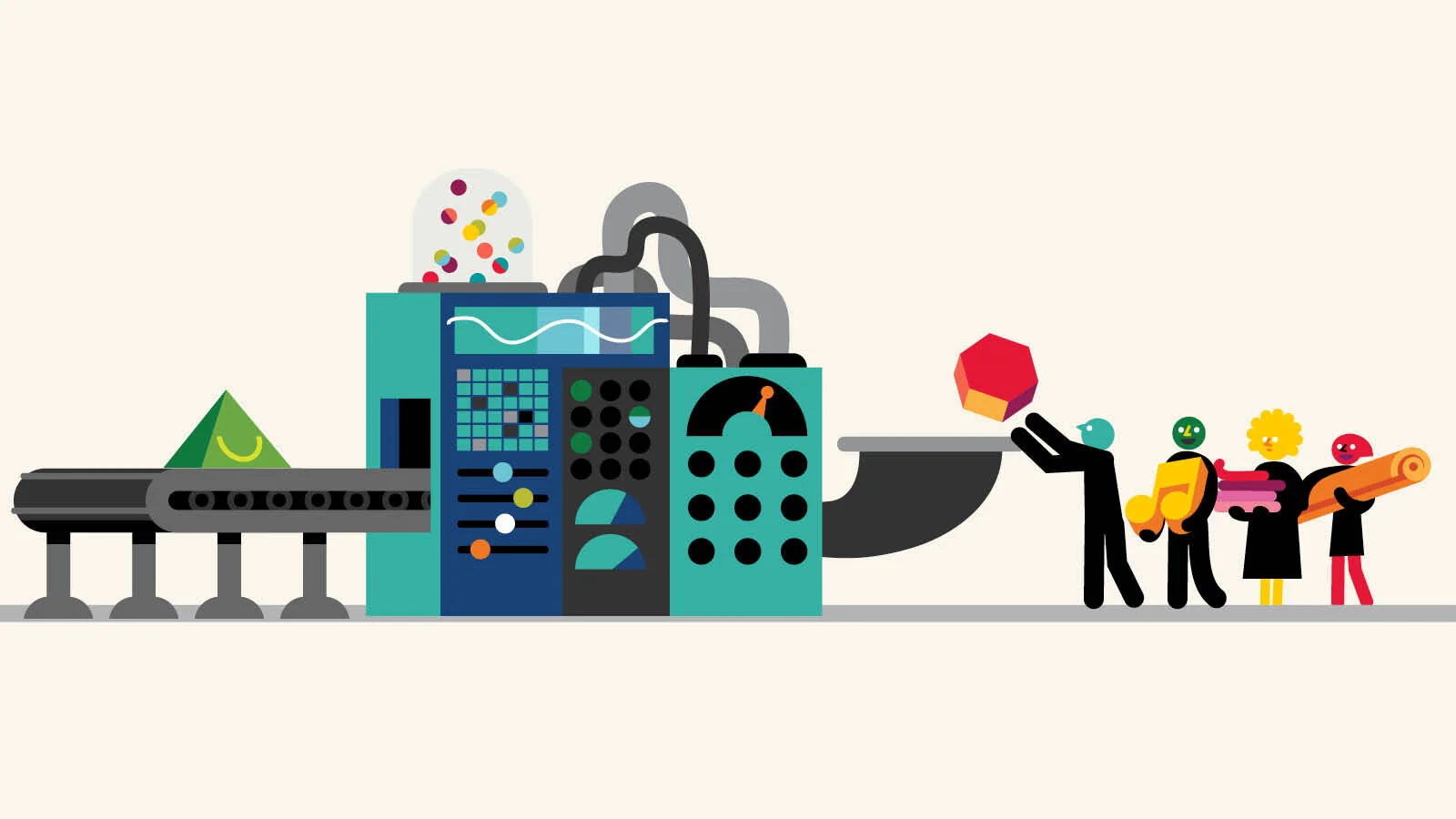 Illustration of a colorful conveyor belt with a green party hat, a factory with bubbling test tube, a large machine with dials and pipes, and four people holding different musical instruments, including a guitar, a pink bass, and a drum, against a pl