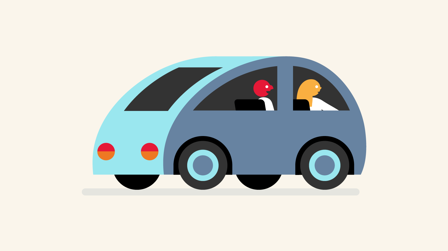 An illustration of a blue and gray car with two passengers inside, one with a red head and the other with a blonde head, against a light beige background.