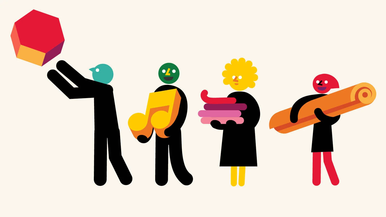 Four colorful abstract characters holding different objects: a geometric shape, a bird with a musical note, a flower, and a loaf of bread, against a plain background.