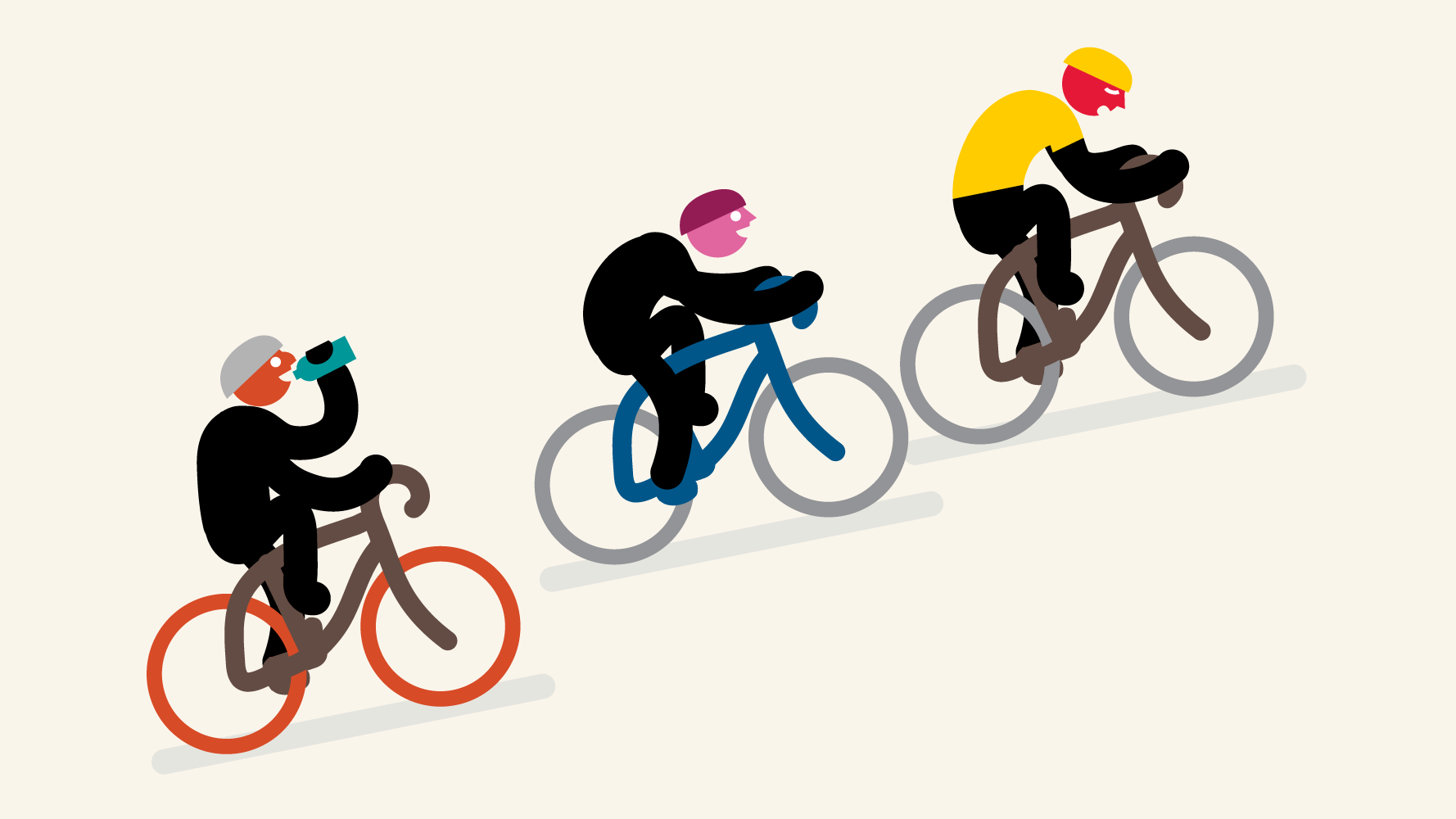Illustration of three cyclists riding uphill, each wearing a helmet and casual clothing, with the first cyclist taking a photo or video of the others using a camera or phone.