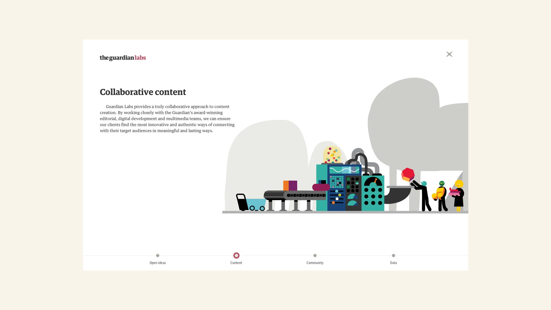 Illustration of a manufacturing or processing machine with three cartoon characters nearby, one operating the machine and two watching.