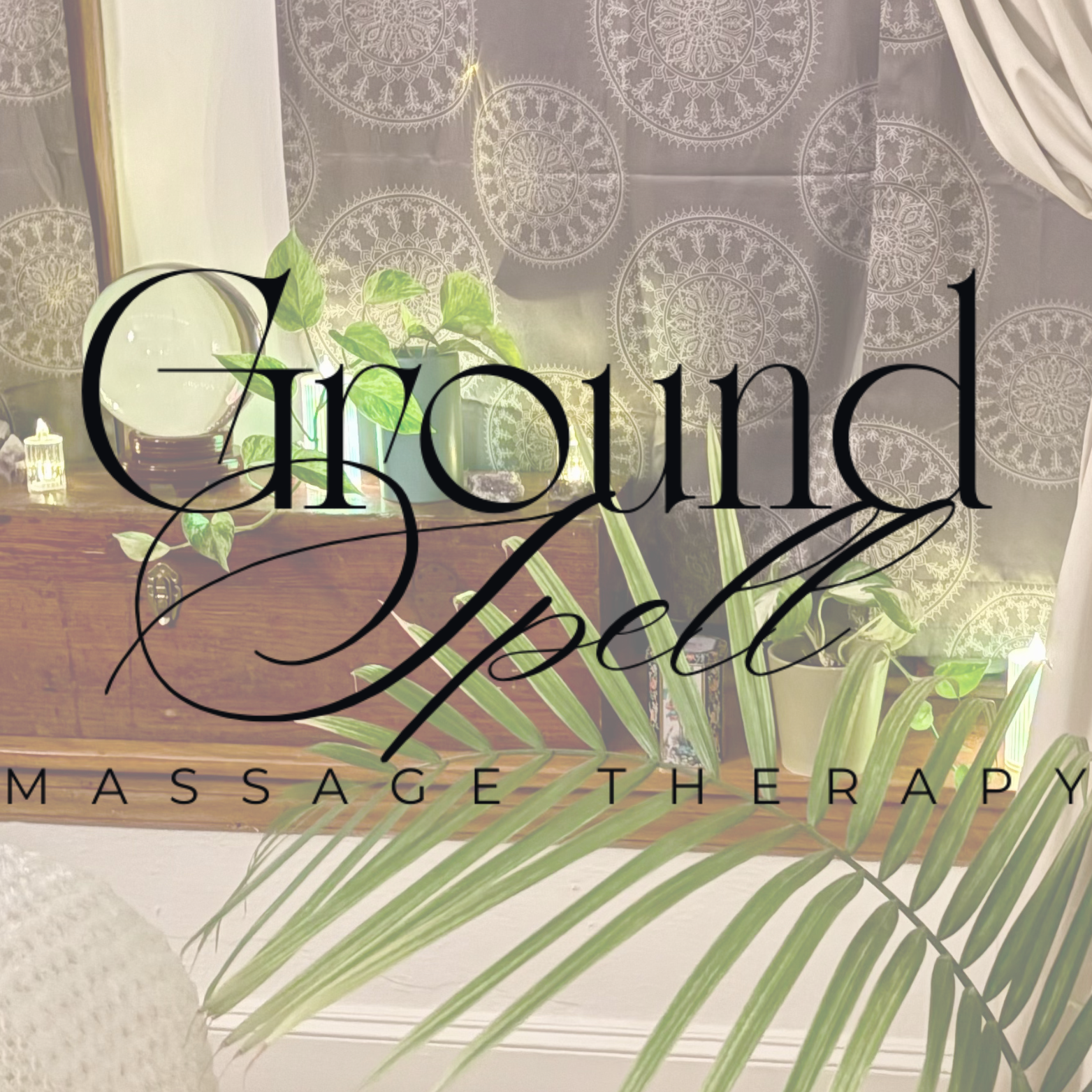 Decorative sign for 'Grounded Spaced Massage Therapy' over a room with plants, a mirror, a wooden dresser, and curtains.
