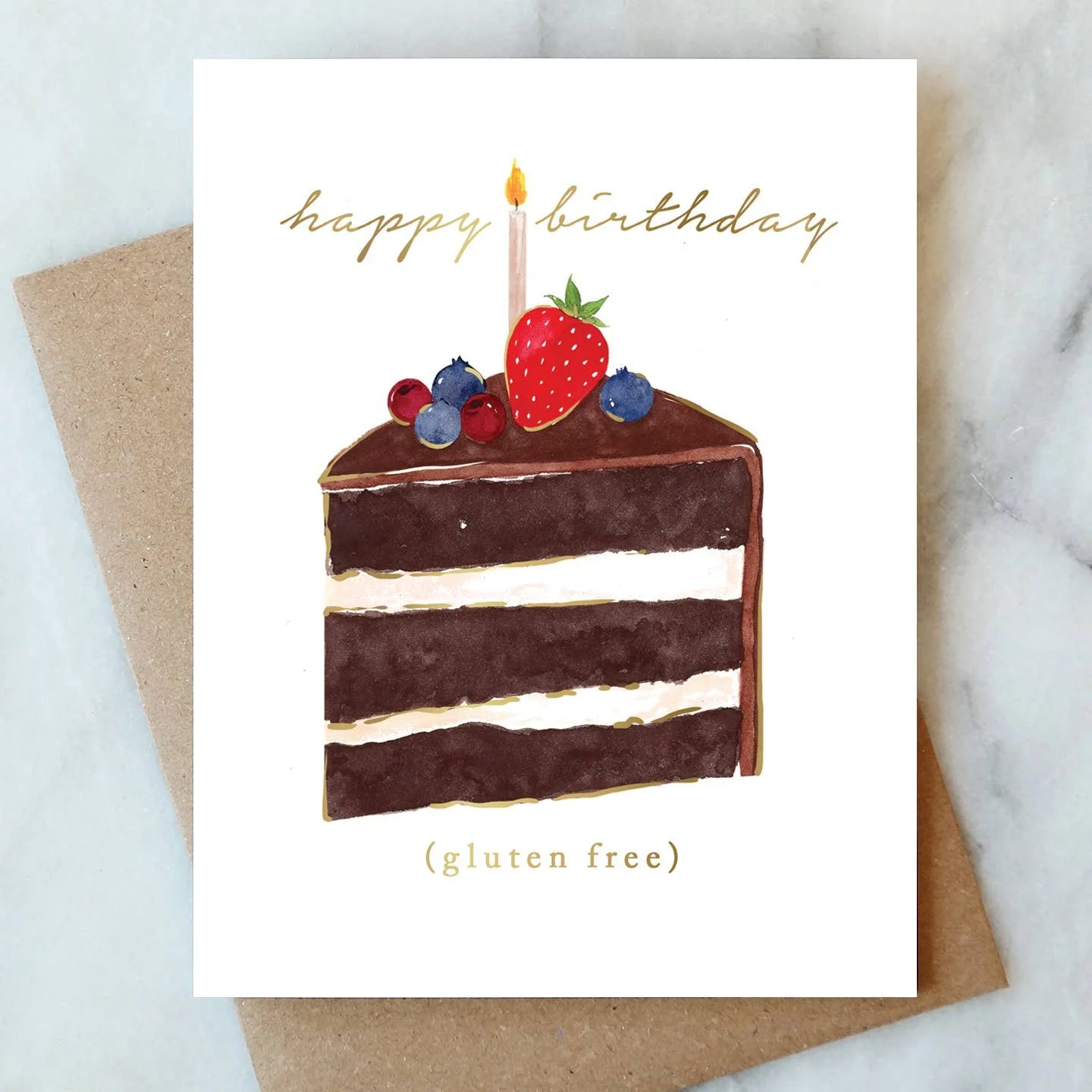 Birthday Cake Greeting Card with chocolate piece of cake and gluten free note