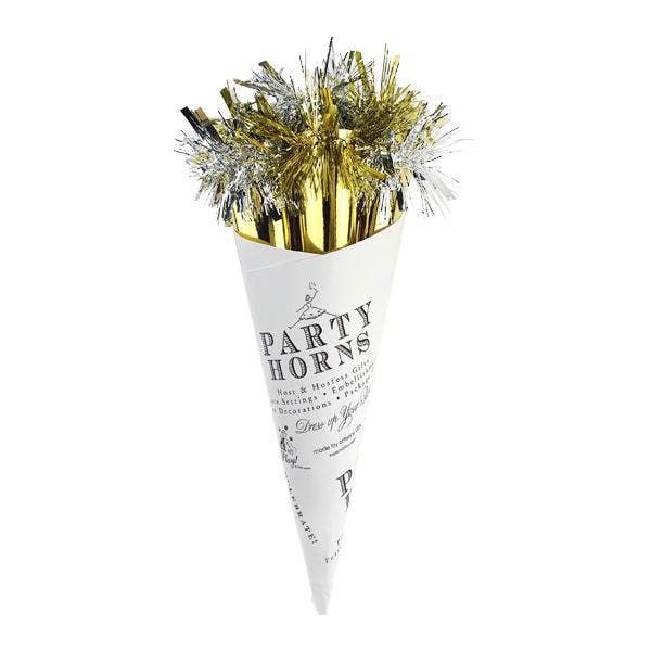 gold and silver party blow horns in a cone shaped paper holder