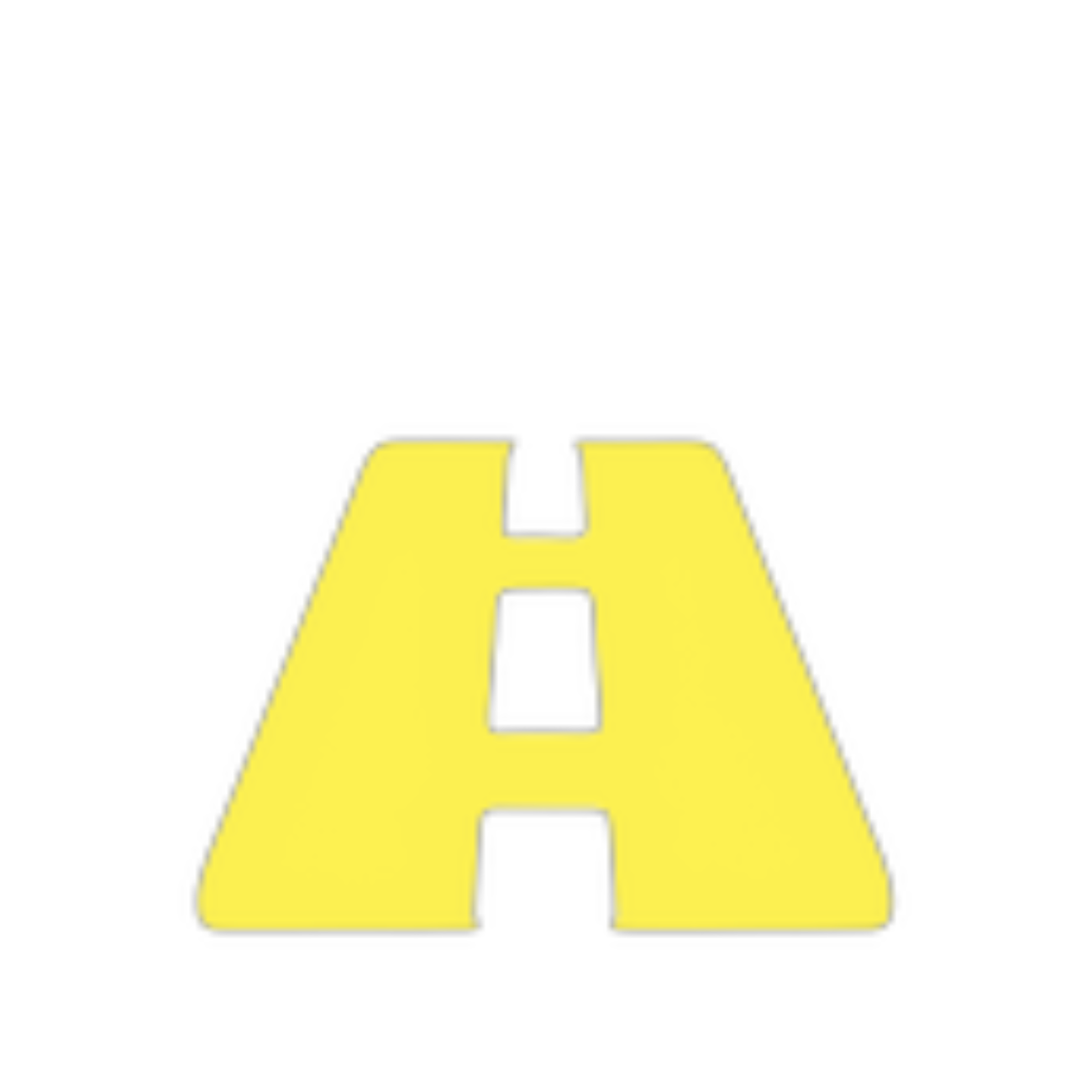 A yellow road sign shaped like an uppercase 'A' with black border and black inside, featuring a black dashed line in the center.