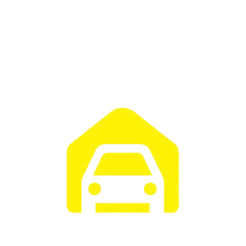 Simple yellow house icon with a car parked in front.