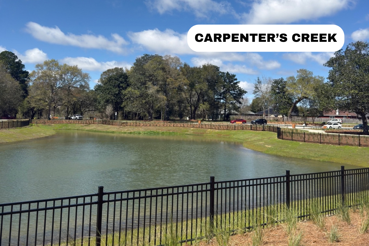 A small pond in a park with a black metal fence around it, trees in the background, and a partly cloudy blue sky. A white speech bubble with black text reads "Carpenter's Creek."