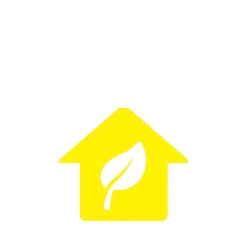 Yellow house icon with a white and yellow leaf in the center.