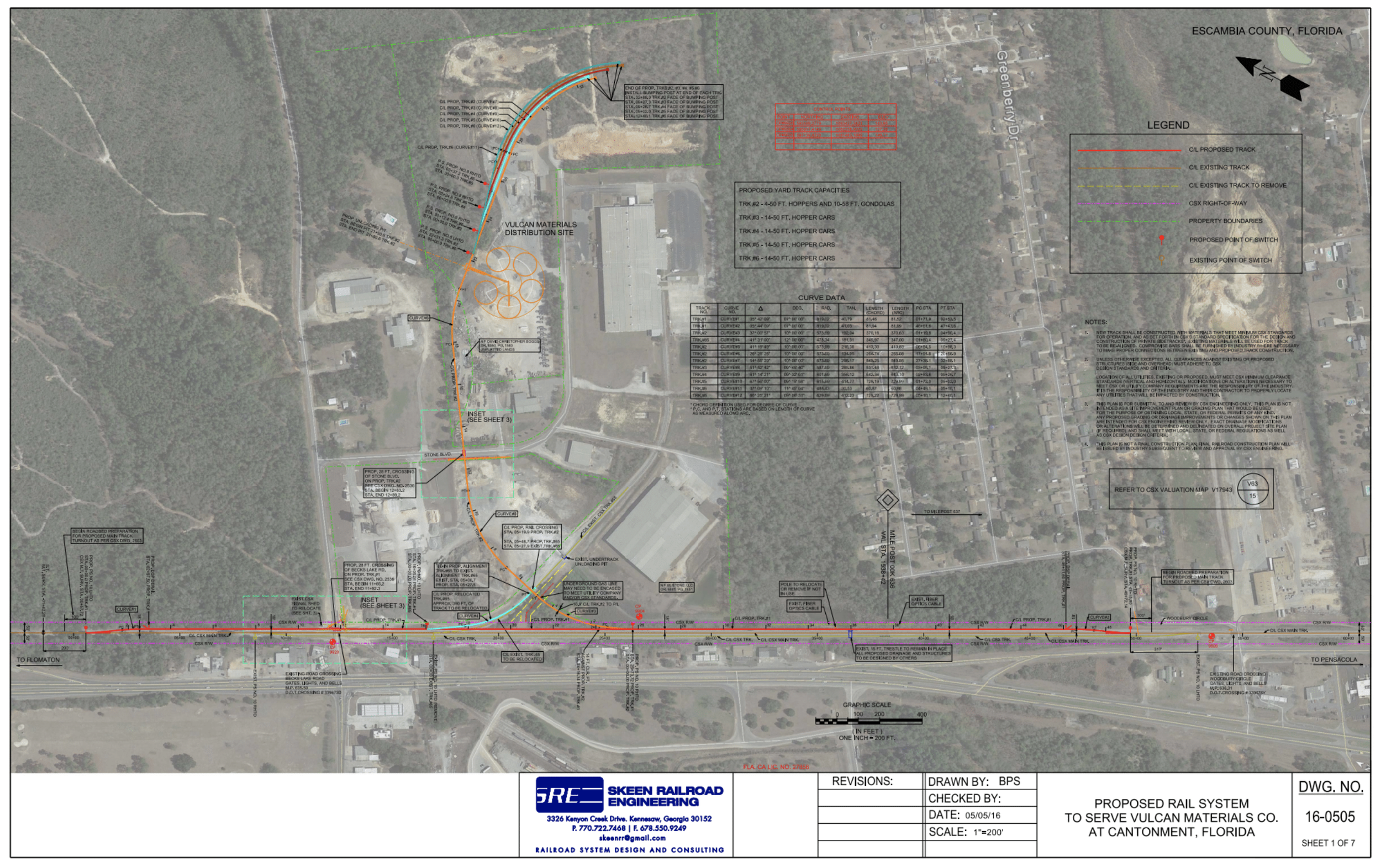 Site plan map for proposed rail system in CANTONMENT, Florida, showing rail tracks, curves, switch points, construction details, property boundaries, and legend with track types and points.