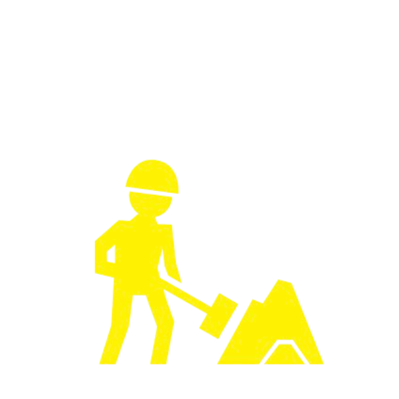 Yellow construction worker figure wearing a helmet, holding a shovel, and digging into a mound of dirt.