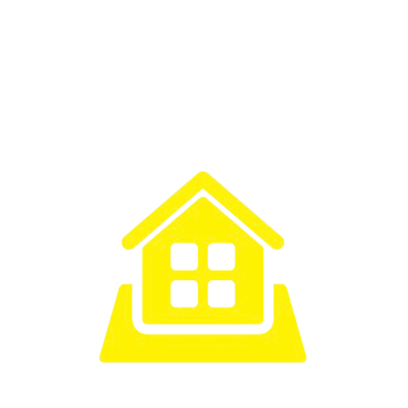 A bright yellow house icon with a gabled roof and four windows, on a yellow base, against a black background.