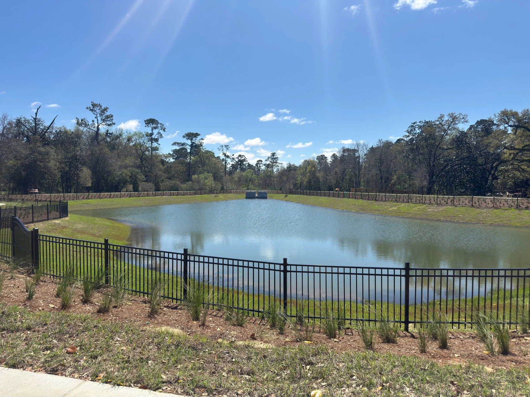 A fenced pond on a sunny day with a clear blue sky, sparse clouds, and trees in the background.