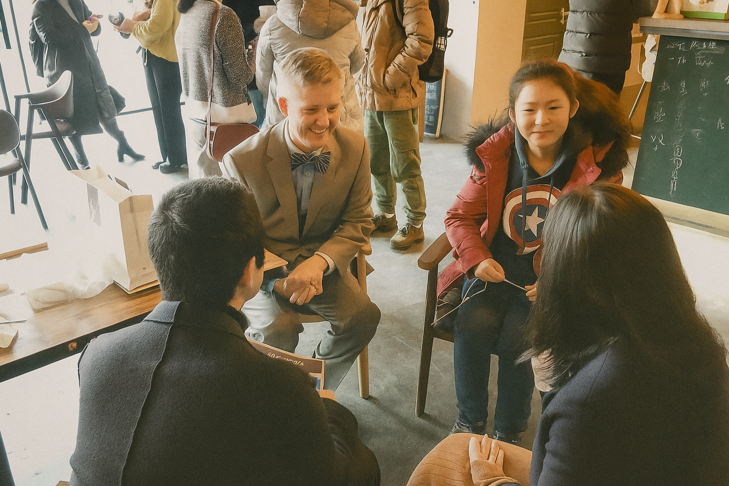 People engaged in joyful, animated conversation in a classroom, with a young girl wearing a Captain America hoodie sitting and talking, and at least four others, including a man in a suit and bow tie, and others standing nearby.