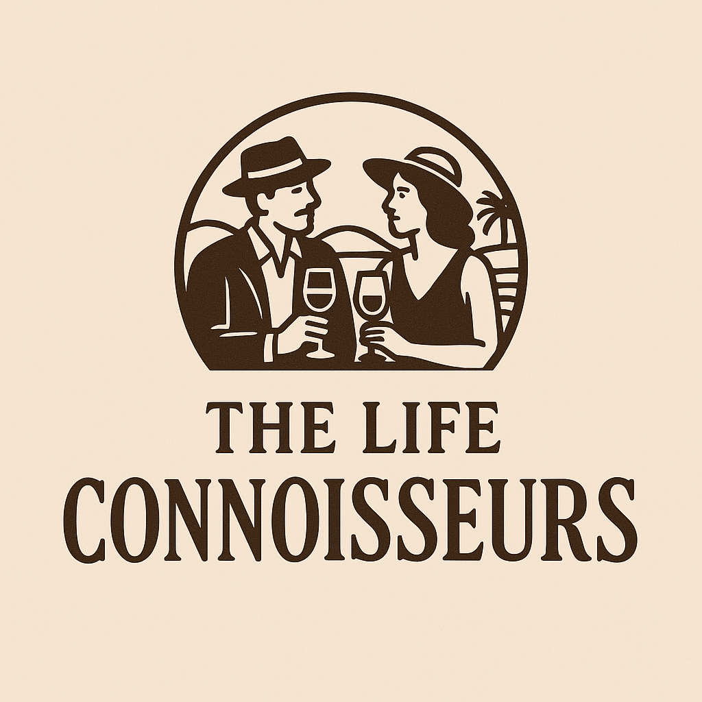 Logo of a man and woman holding glasses of wine, with the text "The Life Connoisseurs" underneath.