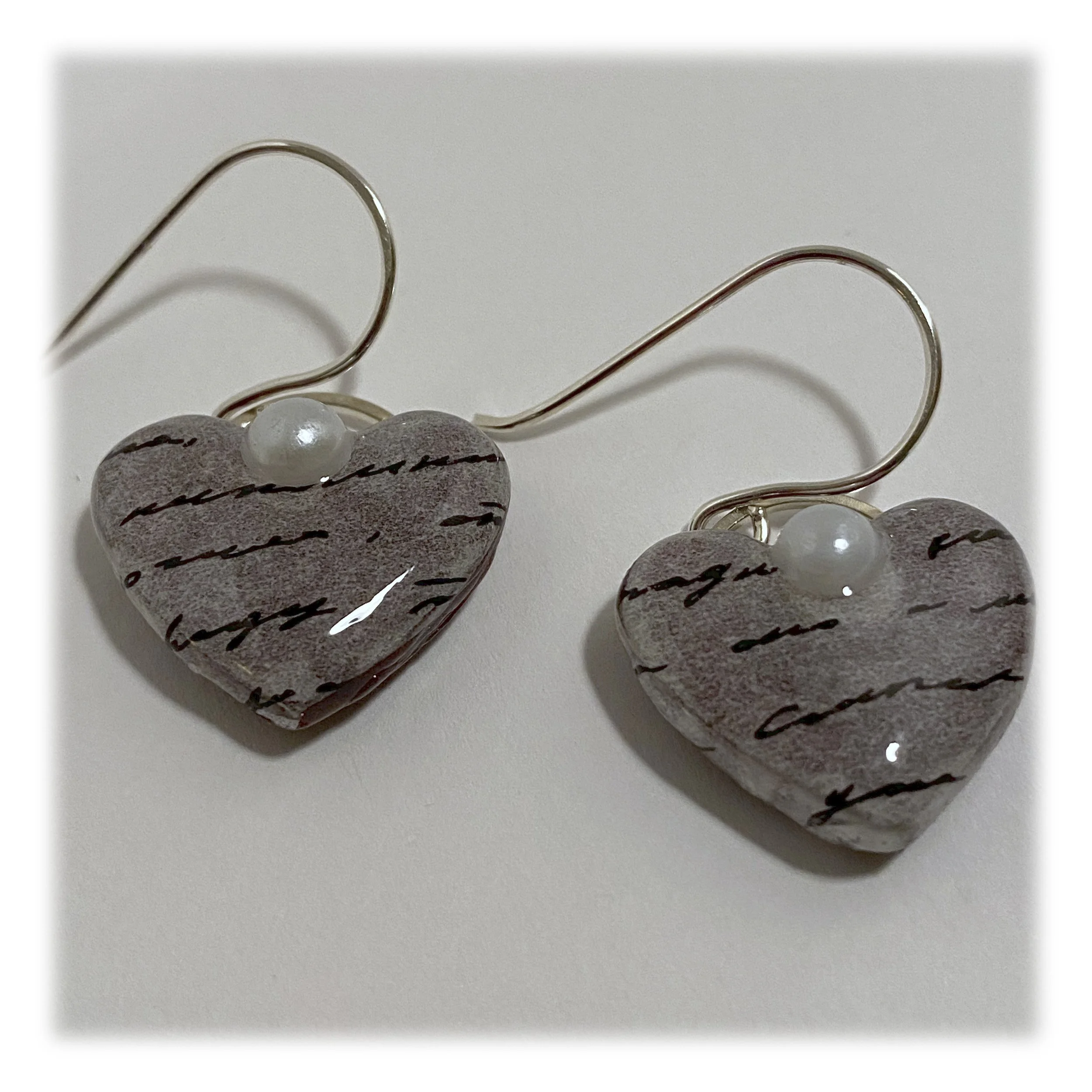 Worded Marble Heart Resin Earrings with Pearl Accent