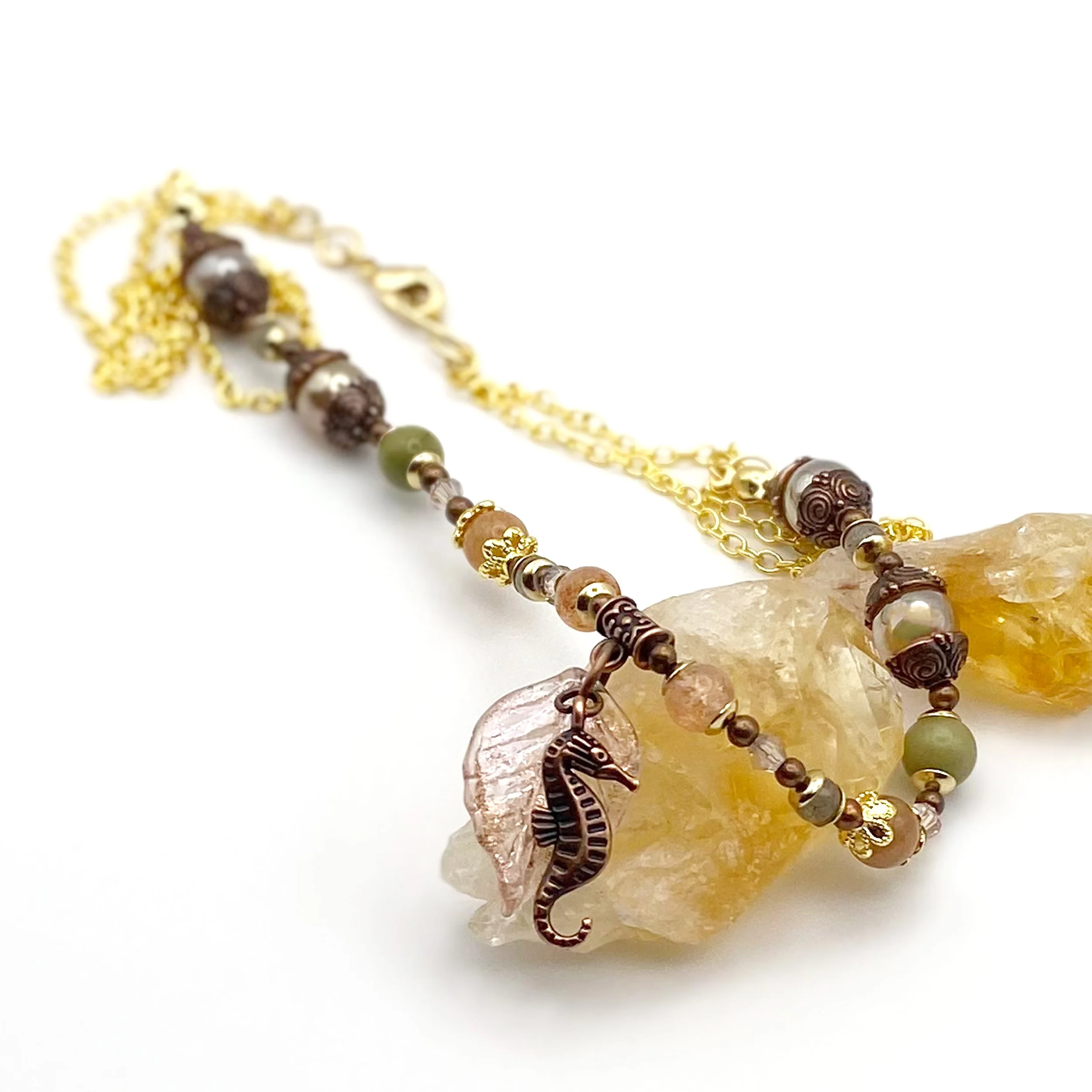 Rose Peach Seahorse Leaf Pendant – "Enchanted Tide Whisper"