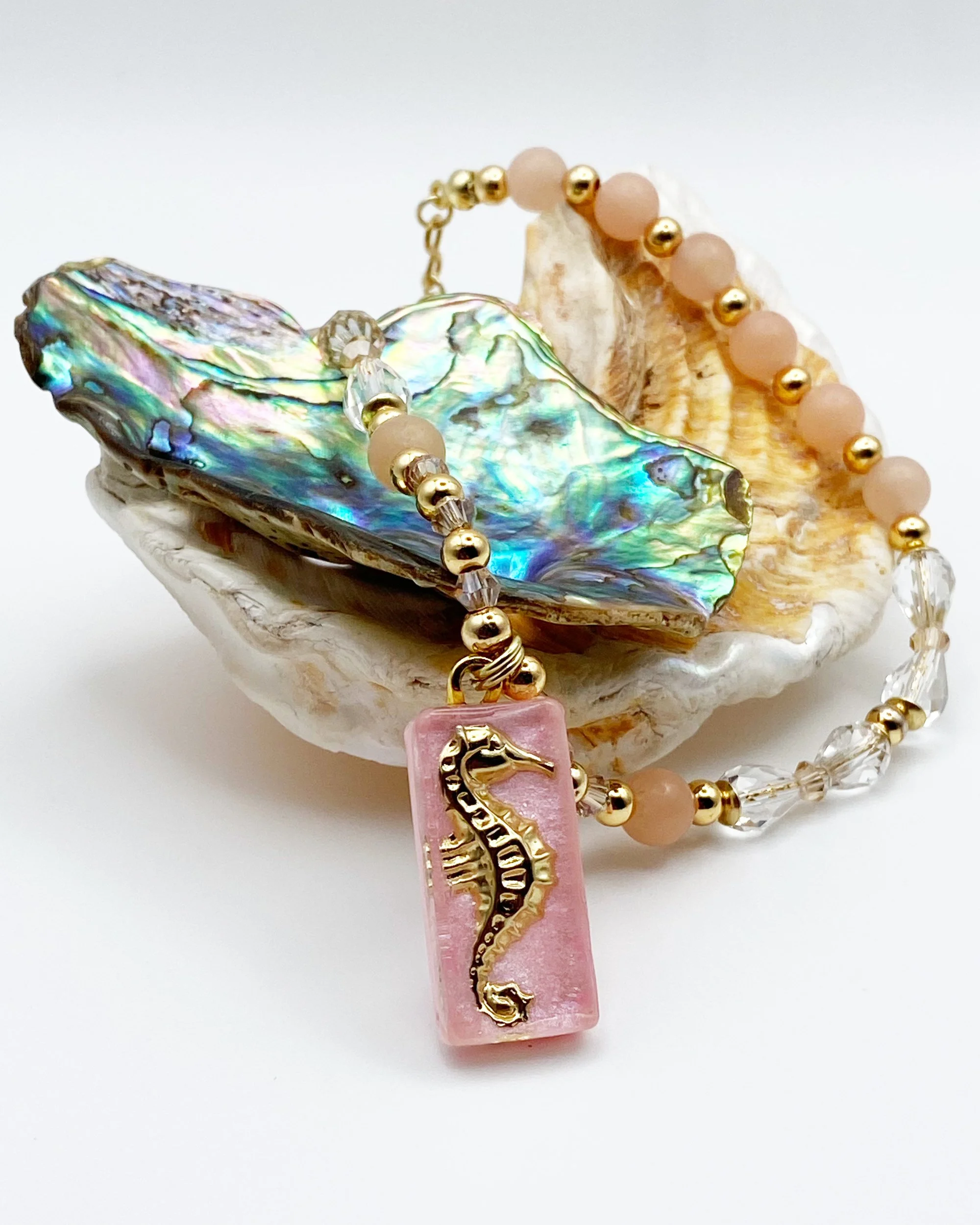 Rose Quartz Seahorse Pendant Necklace "Pink Golden Sunset"