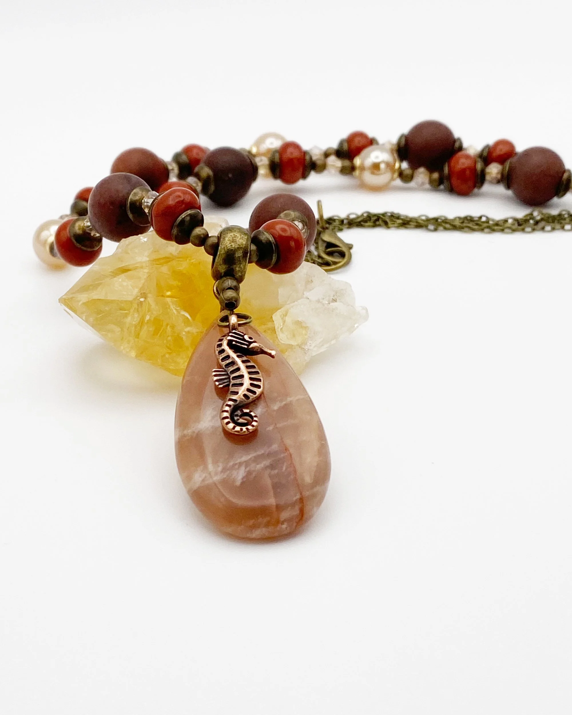 Sandstone & Gemstone Seahorse Pendant Necklace "Stormy Nights"