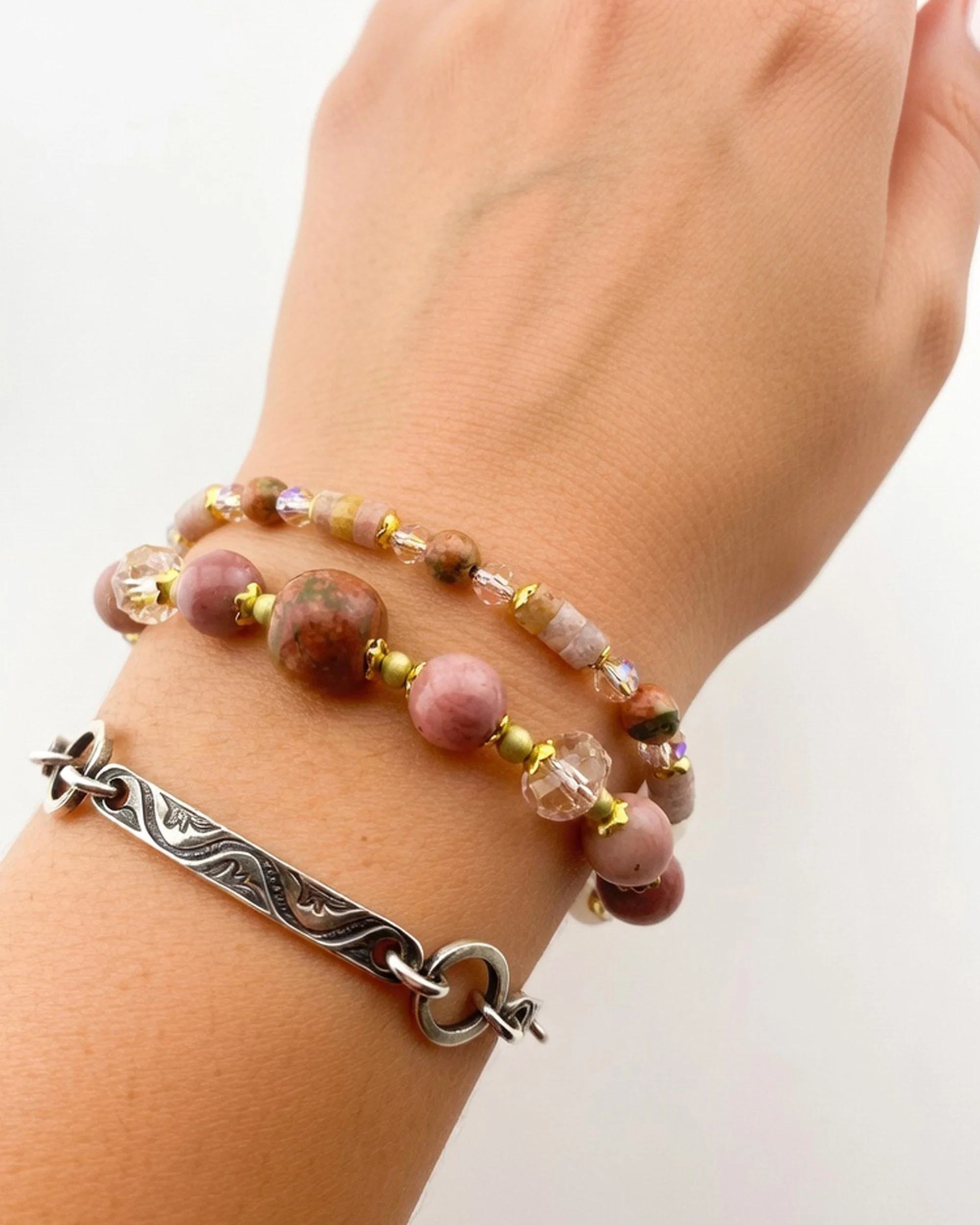 Elegant Crystal Harmony Double Strand Bracelet - Woodland Whisper Bracelet.