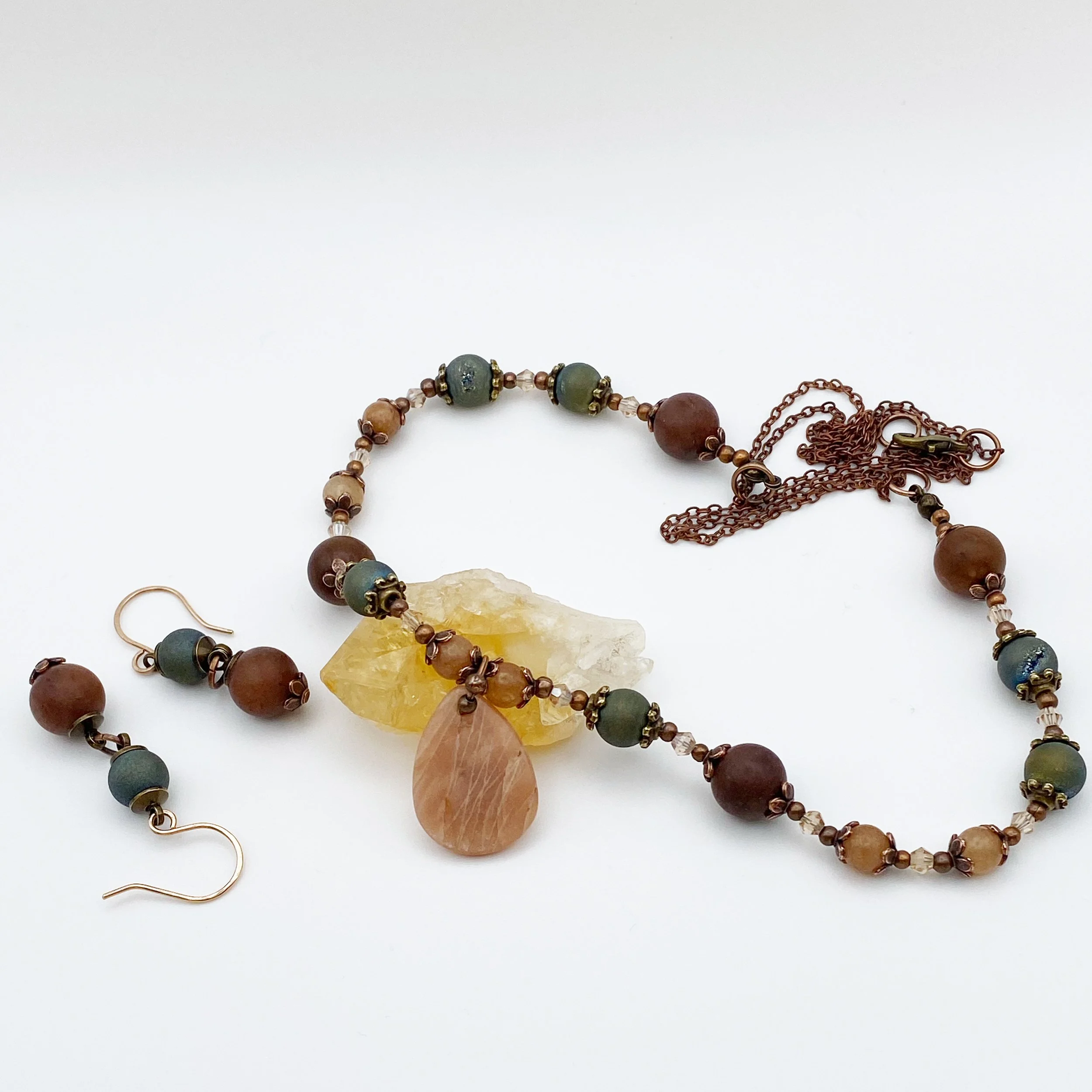 Peach Moonstone Harvest Pendant & Earring Set – "Earth's Warm Embrace"