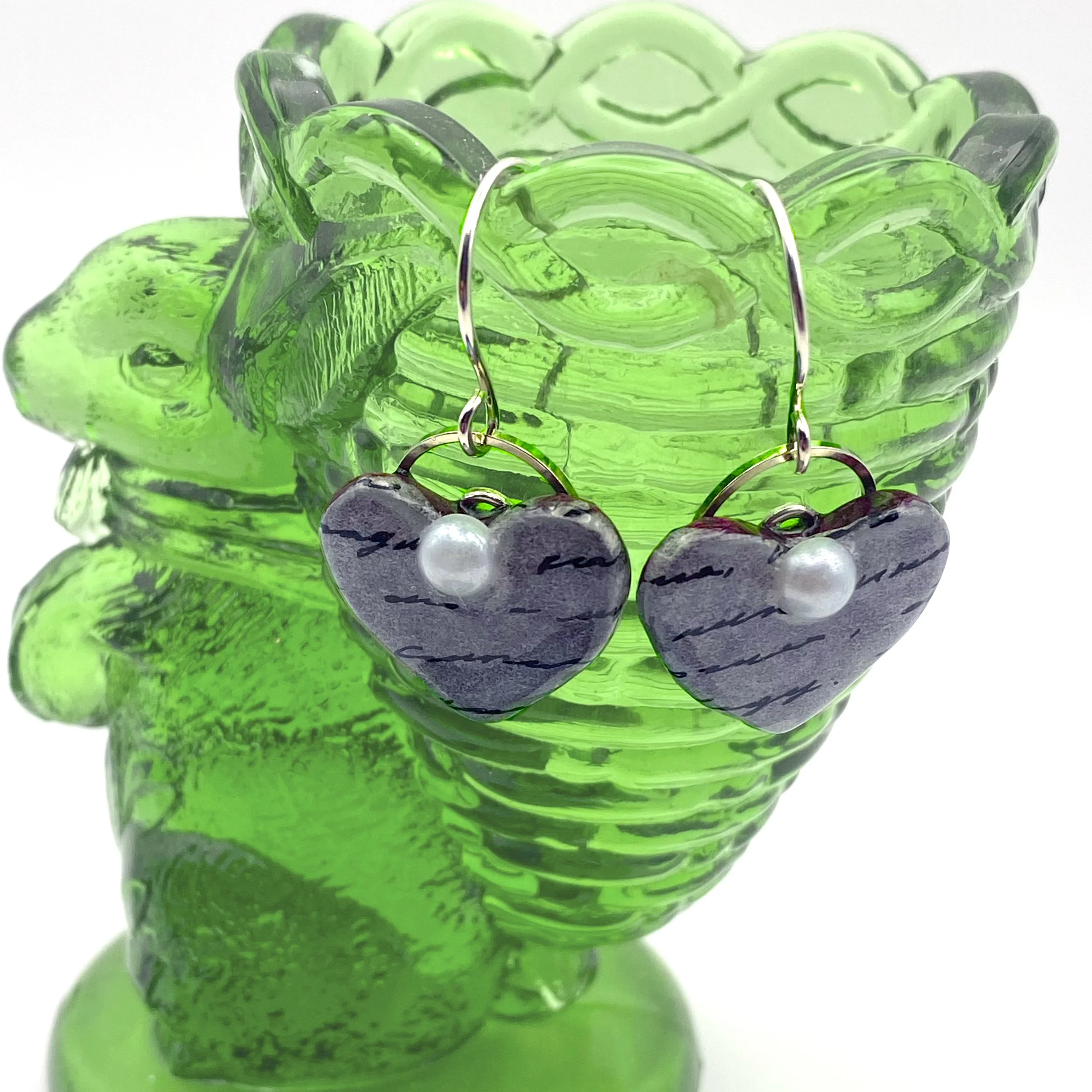 Worded Marble Heart Resin Earrings with Pearl Accent