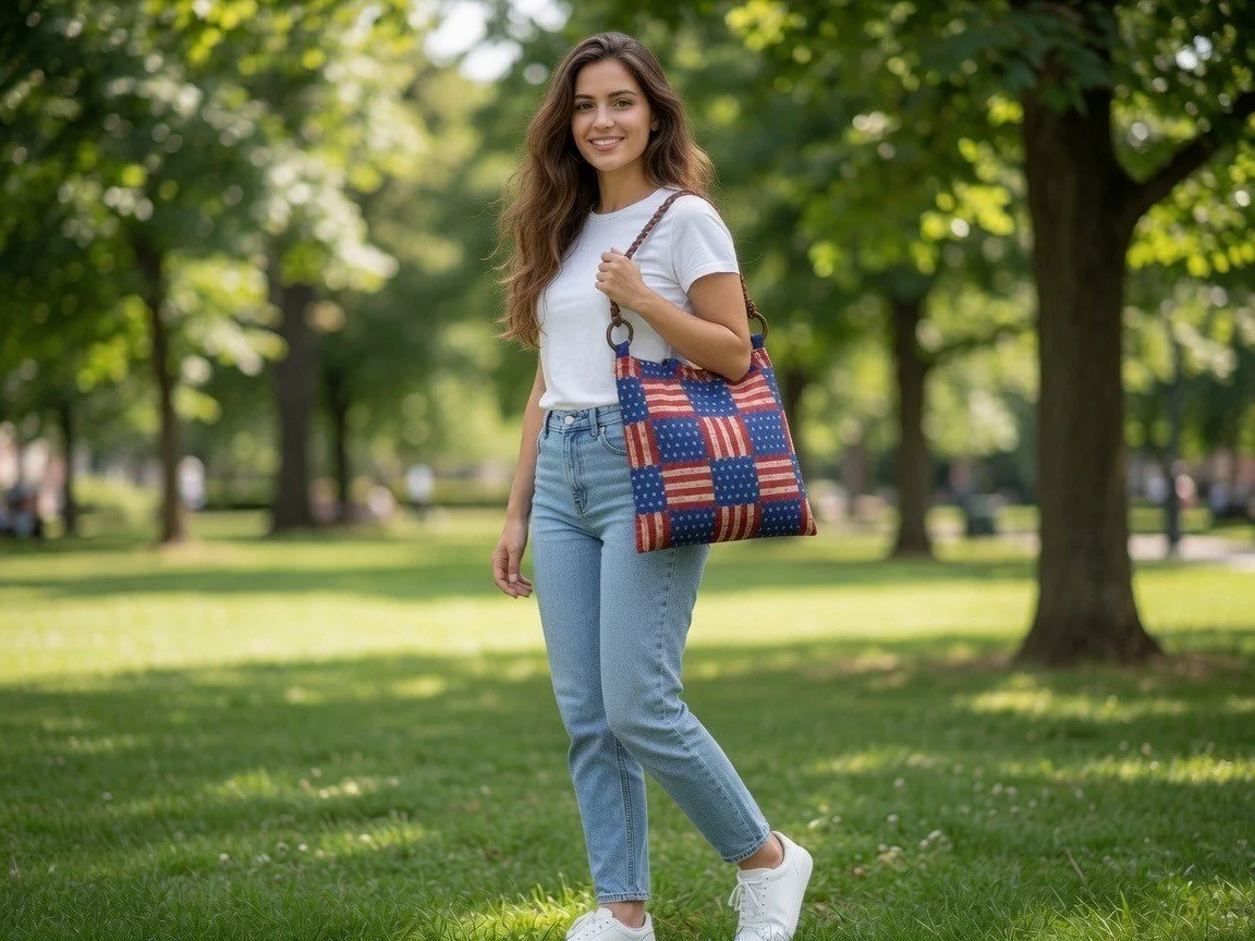 Handmade American Flag Tote Bag - Fully Lined with Pocket & Leather Straps