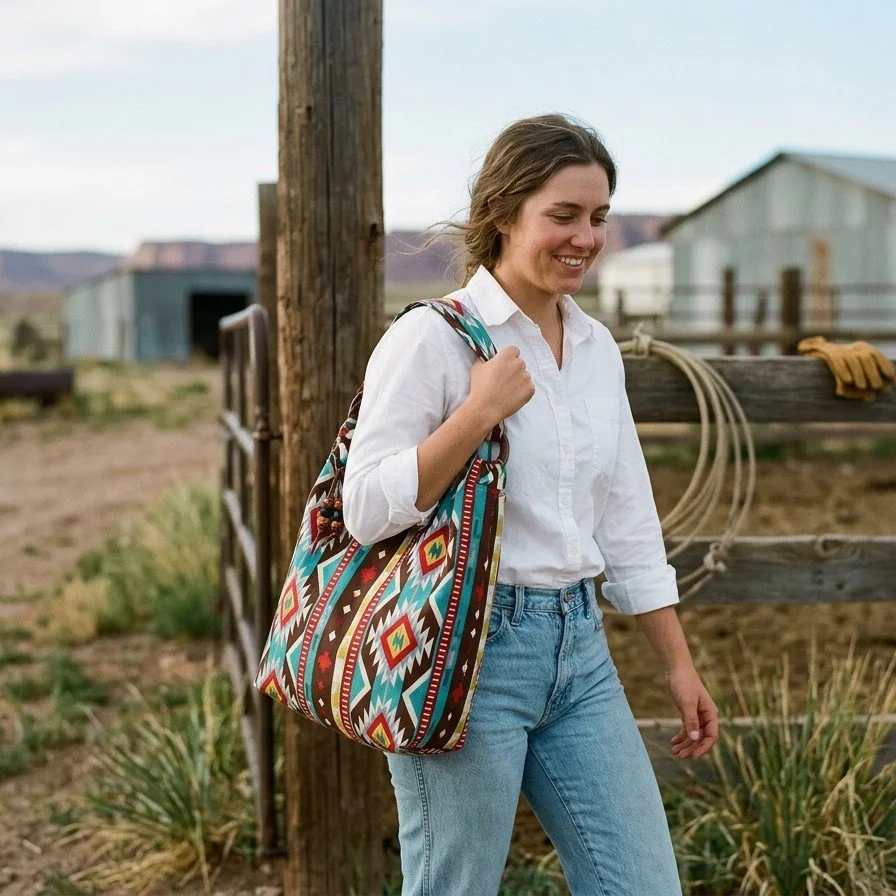 Southwestern Fabric Tote Bag with Wooden Ring Accents