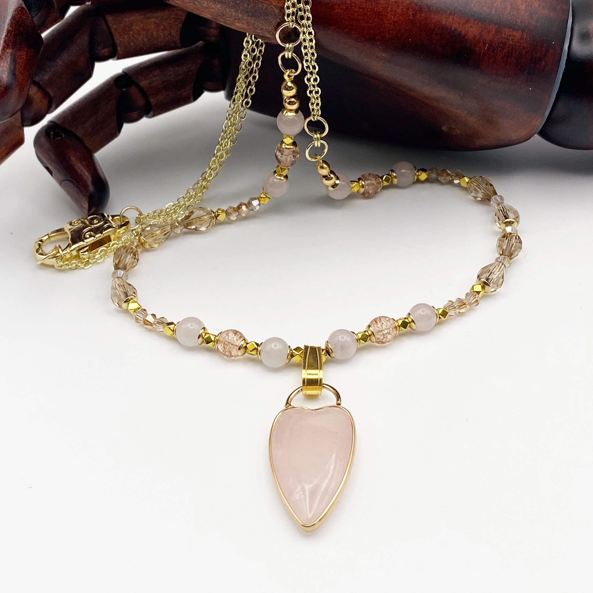 Rose Quartz Crystal Pendant Necklace - "Pink Dawn Embrace"