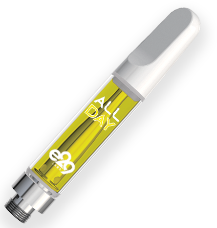 Vape pen cartridge labeled "ALL DAY" with yellow liquid inside.