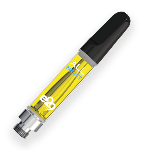 Vape cartridge with yellow liquid and black mouthpiece labeled 'All Night.'