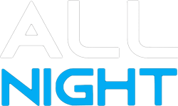 "ALL NIGHT" logo in white and blue text on a transparent background.