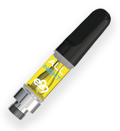 Vape cartridge labeled "All Night" with a metal and black plastic design.