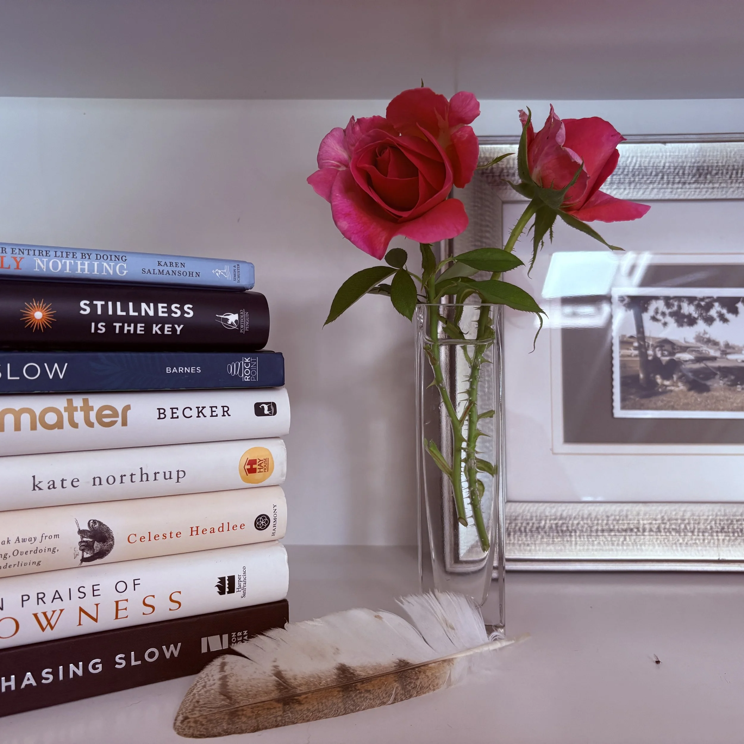 Stack of books next to a glass vase holding two pink roses, with a framed black and white photo on a white surface.