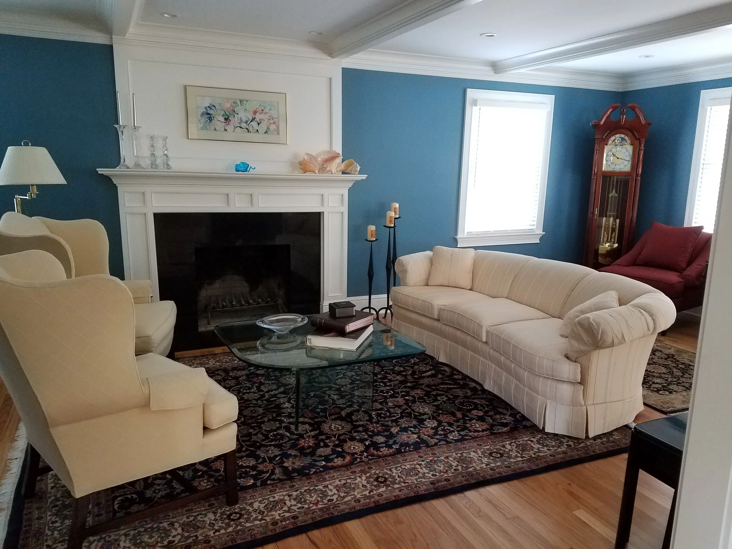 LIVING ROOM WITH NEW BEAMED CEILING & NEW MANTEL & SURROUND

