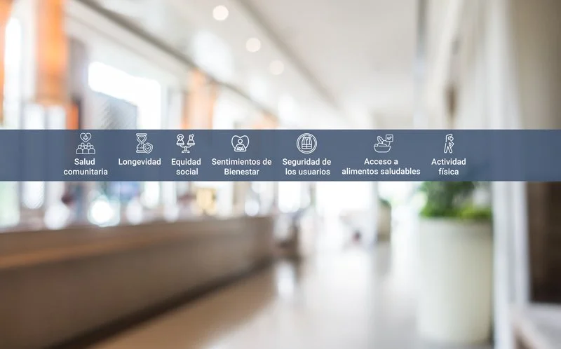 Imagen con fondo desenfocado e iconos representando: Salud comunitaria, longevidad, equidad social, sentimientos de bienestar, seguridad de los usuarios, acceso a alimentos saludables y actividad física