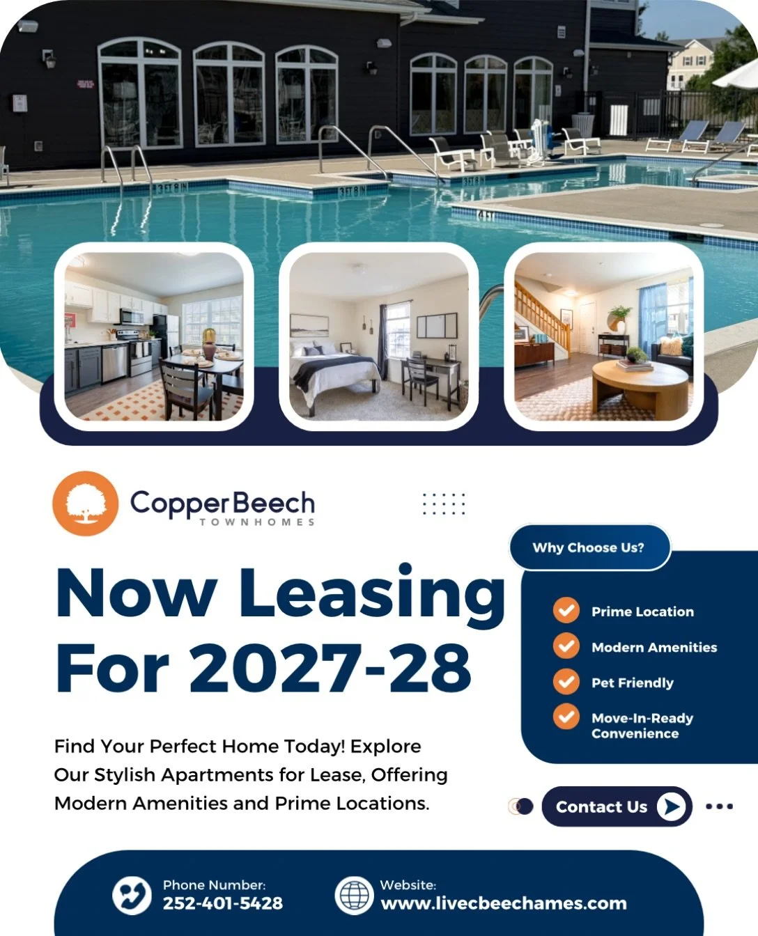 🏡 Your next home is waiting! 🌳✨

Planning ahead for the 2027&ndash;28 school year? Now is the perfect time to make Copper Beech Townhomes your new home! 🏠🧡

Enjoy modern living, convenient amenities, a prime location, and a pet-friendly community
