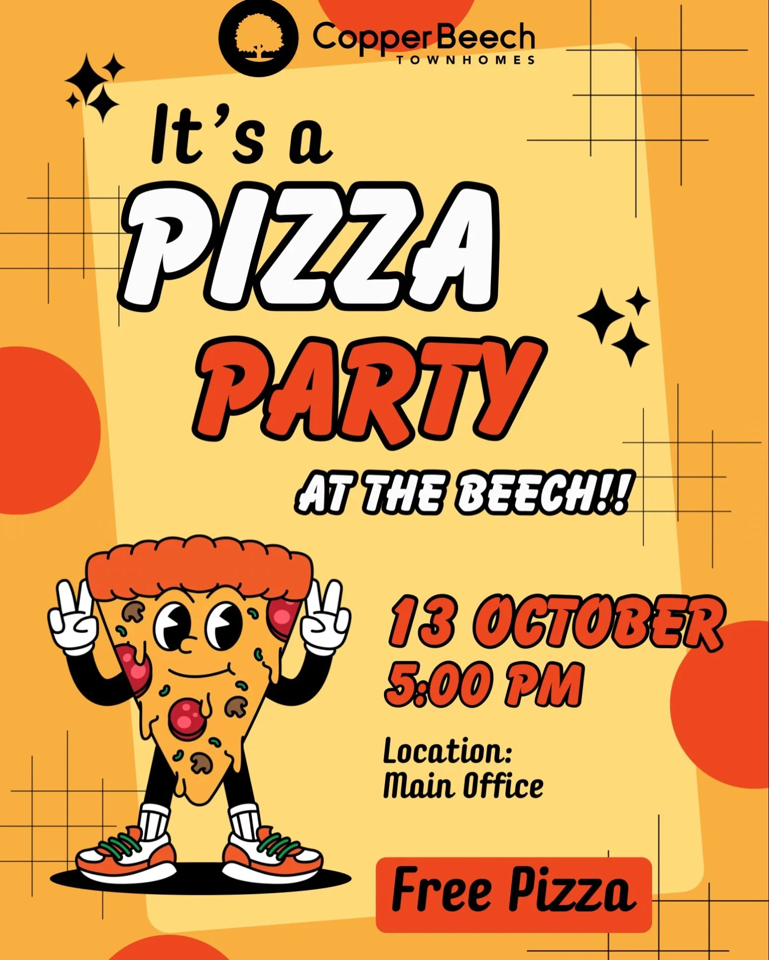 🍕🎉 IT&rsquo;S A PIZZA PARTY AT THE BEECH!! 🧡🏡

Hey, Beech fam! 👋 Join us tomorrow, October 13th, at 5 PM in the main office for a pizza party! 🍕✨ Come grab a slice, hang out with your neighbors, and enjoy some FREE pizza with us! 😋

🍕 Free pi