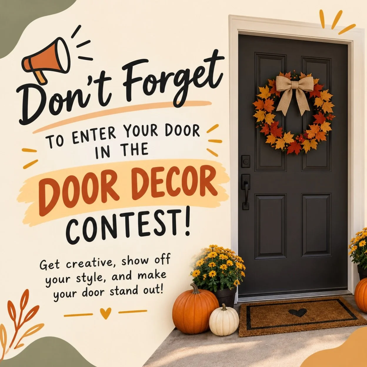 🍂🚪 DON&rsquo;T FORGET TO ENTER OUR DOOR D&Eacute;COR CONTEST! 🎃🧡

Have you decorated your door for fall? Now&rsquo;s your chance to show it off! 🍁✨

📅 Entries are due October 29th! Make sure to submit your decorated door in time for our weekend