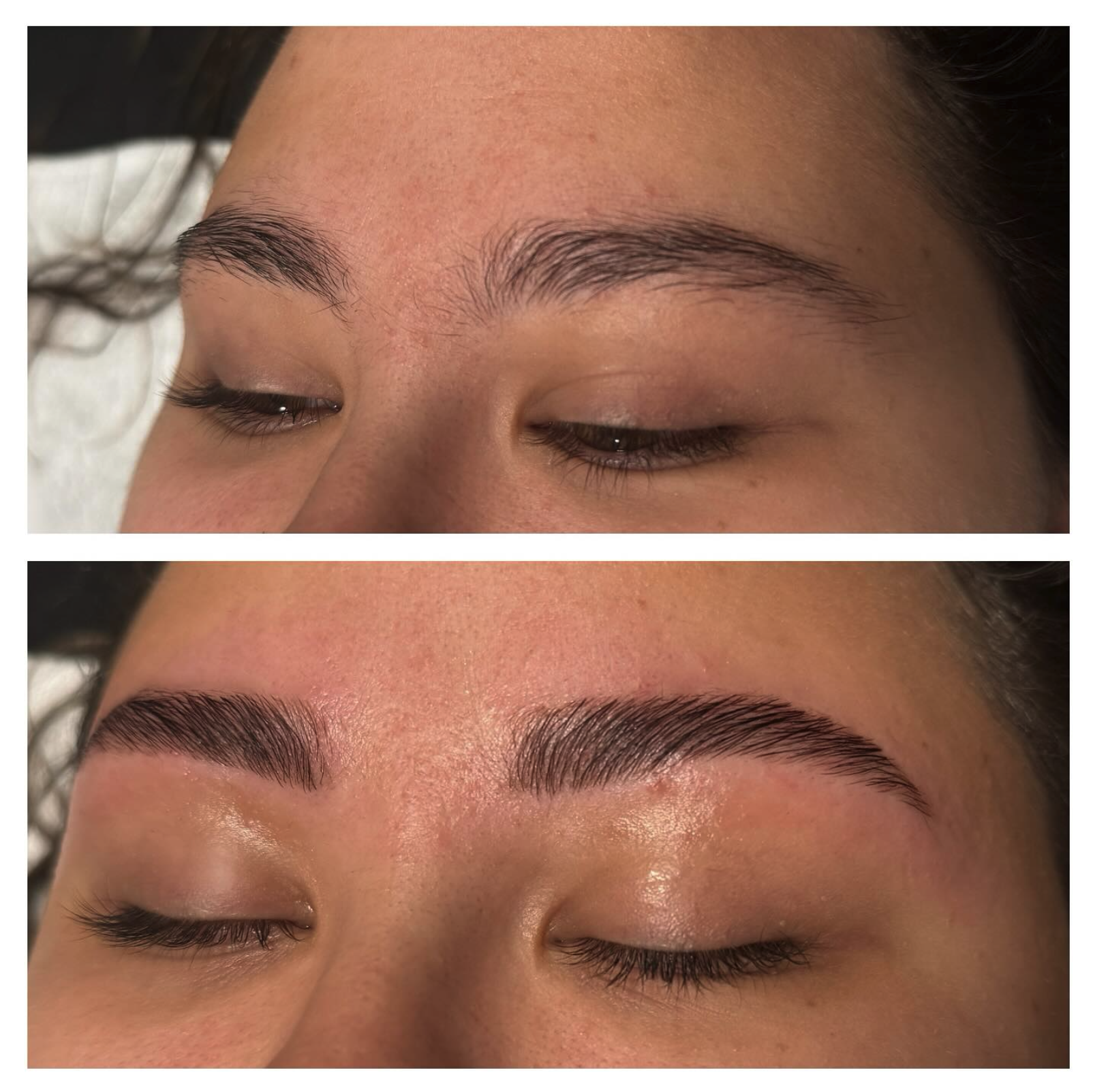 Close-up of a woman's face showing before and after eyebrow microblading, with natural eyebrows in the top image and well-defined, shaped eyebrows in the bottom image.