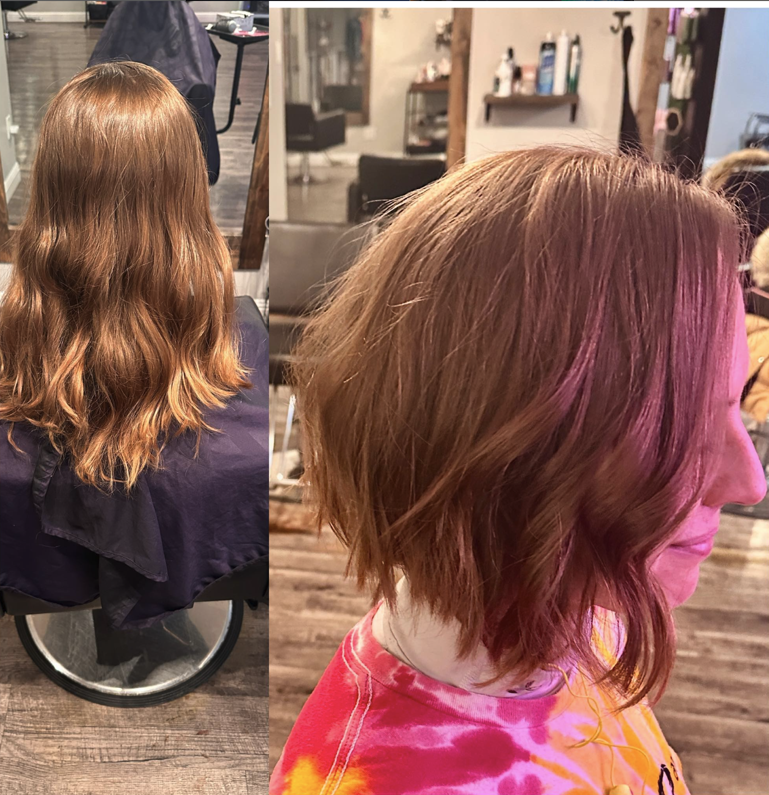 Side and back view of a woman with shoulder-length, reddish-brown, wavy hair at a hair salon, sitting in a chair.